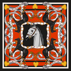 Design scarf with horse head and belts. Vector.