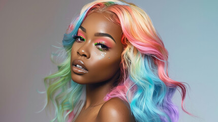 Obraz premium Black Woman with Make Up and Dreamy Hair Style (Peach Blue Green Pink Hair)