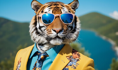 Tiger wearing trendy colorful suit and sunglasses. Portrait medium shot. Natural blue sky scene
