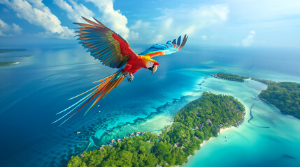 Beautiful colorful parrot flying over tropical island with sandy beach and turquoise ocean.