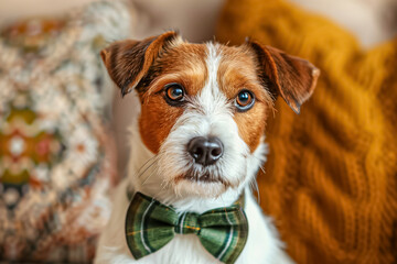 Portrait of a cute white and brown Jack Russell Terrier dog wearing a green bow tie looking at the camera. Funny animals concept.