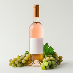 A bottle of rose wine with white empty label and fresh grapes on the side on a white background. The bottle is made of glass and has a cork on the top.