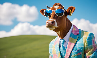 Cow wearing trendy colorful suit and sunglasses. Portrait medium shot. Natural blue sky scene