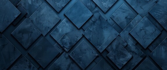 Abstract blue geometric background with diamond shapes and grunge texture, seamless pattern for web design or print presentation. Wide banner for advertising copy space. Dark blue wall wallpaper. - obrazy, fototapety, plakaty