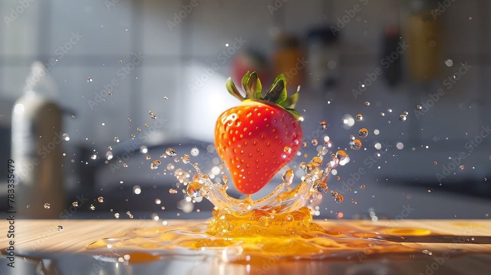 Wall mural strawberry with juice colliding and exploding, crashing flying - Wall murals