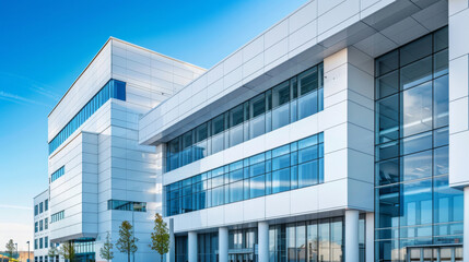 Contemporary architecture of a healthcare building under the blue sky