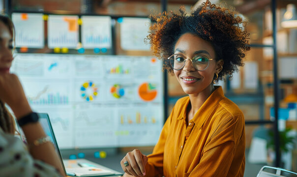 Black Female Executive Presenting Fintech Growth Analytics on Whiteboard