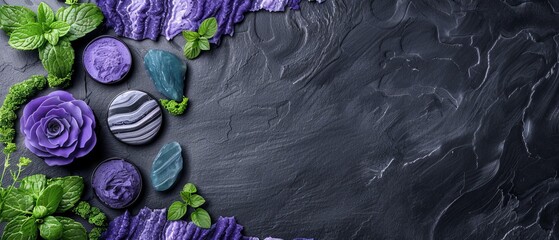   Purple flowers with green leaves are arranged against a black slate backdrop A gray and white striped egg sits in the center