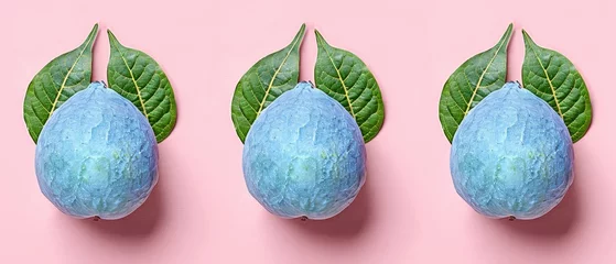 Deurstickers   Three fruits with green leaves on a pink backdrop, featuring an uppermost green leaf © Jevjenijs