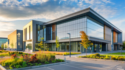Modern healthcare facility at sunset