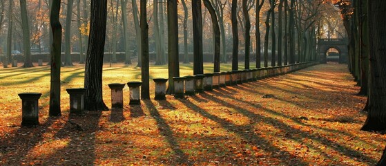  A sunlit park pathway lined with trees, shedding leaves that dapper the ground beneath, as sunlight filters through