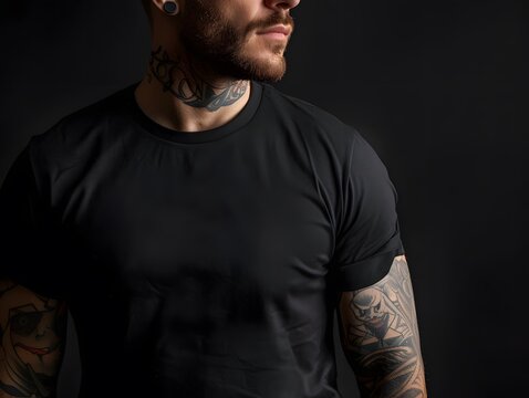 Portrait of a men with tato in a black shirt mockup