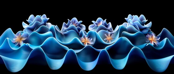   A cluster of blue flowers atop a black surface against a dark background