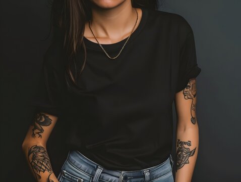 Portrait of a woman with tato in a black shirt mockup