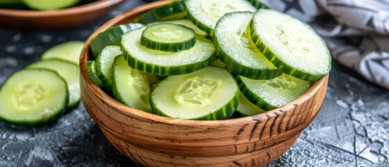   A wooden bowl, holding sliced cucumbers, rests beside another similar bowl on the table