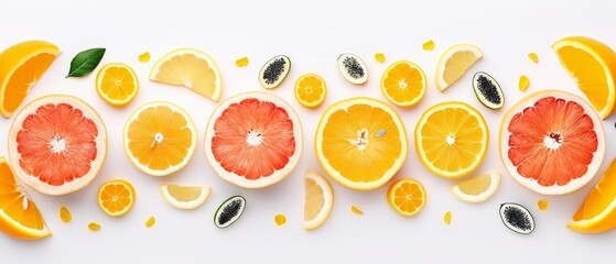   A pristine arrangement of segmented grapefruits, oranges, and sliced kiwis against a white backdrop