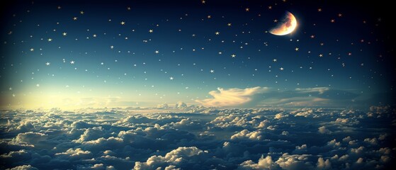   The moon and stars reside above the clouds in the night sky - obrazy, fototapety, plakaty