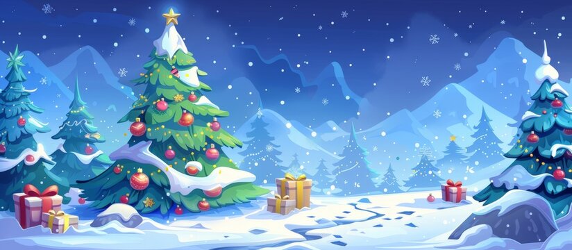 Festive cartoon scene depicting Christmas presents and trees amidst a snowy landscape