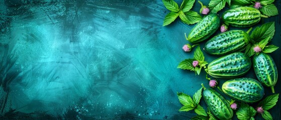   Group of cucumbers with green leaves and flowers against a blue-green backdrop Text space available - obrazy, fototapety, plakaty