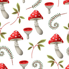 Seamless autumn pattern with mushrooms and fern. Vector.