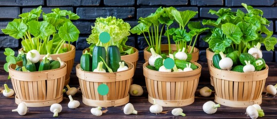   A collection of potted plants atop a wooden table, accompanied by garlic and verdant vegetable greens