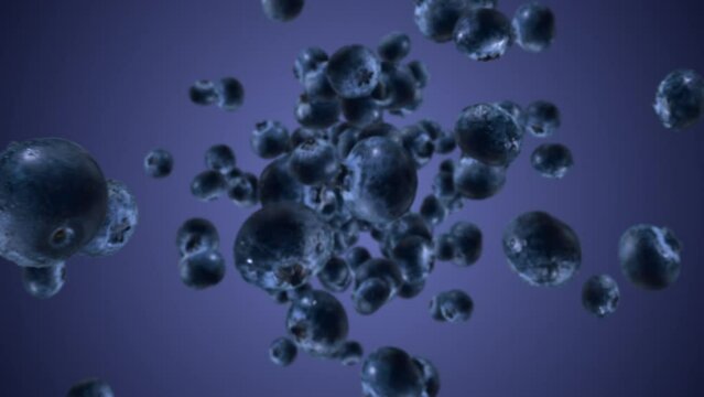 Raw juicy blueberries exploding and flying in super slow motion. Blueberry drops after explosion. High speed 1000fps vertical video