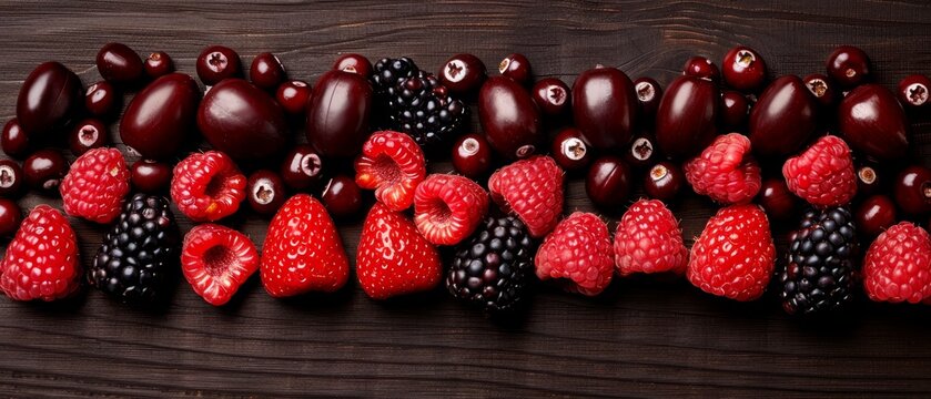   A collection of berries and raspberries arranged in the form of the word love on a wooden table