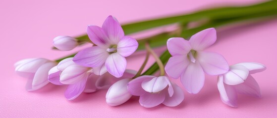   A tight shot of various blooms against a pink backdrop, featuring a single green stem running through the frame