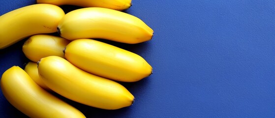   Two bunches of yellow bananas atop separate blue tables - obrazy, fototapety, plakaty