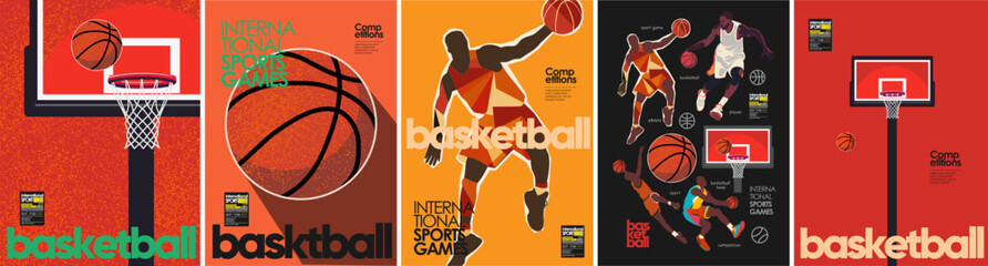 Basketball. International sports games. Vector illustration of basketball player, athlete, jump,  goal, ball, basketball hoop for poster, cover or background - obrazy, fototapety, plakaty