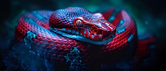   A tight shot of a red-and-blue snake's head, mouth agape and tongue extended - obrazy, fototapety, plakaty