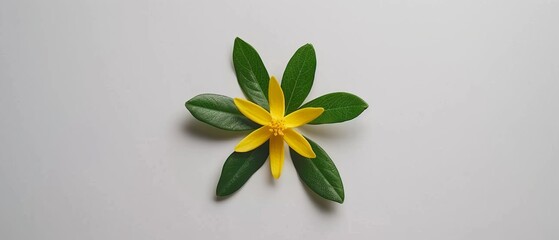   A yellow flower atop a green plant, situated on a white table near a white wall - obrazy, fototapety, plakaty
