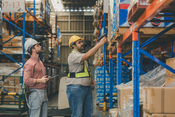 Warehouse worker working in warehouse storage. Foreman or worker work at factory site check up...