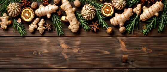   A wooden table, laden with pine cones, oranges, and assorted fruits and vegetables atop it - obrazy, fototapety, plakaty