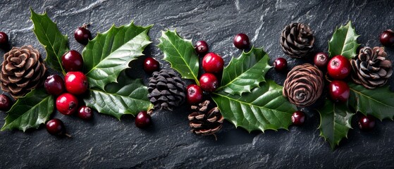   Pine cones, holly leaves, and cranberries are arranged on a slate surface; pine cones and holly leaves alternate with cranberries