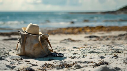 Traw bag, hat, and sunglasses on the beach