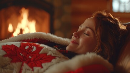   A woman reclines before a fireplace, eyes shut, head cushioned on a blanket - obrazy, fototapety, plakaty
