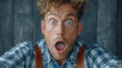   A close-up of a surprised person wearing suspenders, with one visible around his neck