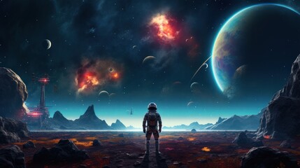 An astronaut standing on a rocky planet and looking up at a starry sky filled with stars and planets.