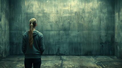   A woman with a ponytail stands before a concrete wall in a room The floor is made of wood - obrazy, fototapety, plakaty
