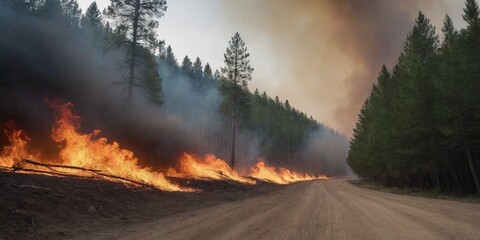 Forest fire. Burning dry grass and trees in the forest. - obrazy, fototapety, plakaty