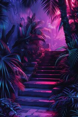 Illustration of a tropical background in neon light in retro style