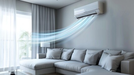 Air conditioning with a fresh flow in the stylish interior of a light living room with sofa