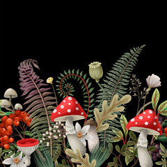 Border with mushrooms, fern and berries. Vector.