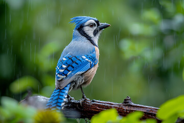 Blue jay bird sitting on a branch in nature with its beak open