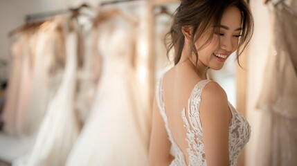 A radiant asian bride-to-be smiles gleefully, wearing a delicate lace wedding gown in a boutique with dresses in the background