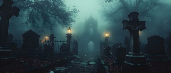 Ethereal Melody: Ghostly Silhouettes in a Misty Cemetery. Concept Misty Cemetery, Ghostly Silhouettes, Ethereal Melody, Haunting Beauty, Spooky Atmosphere - obrazy, fototapety, plakaty
