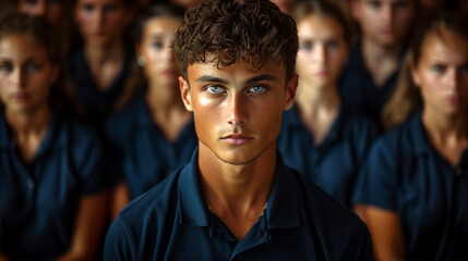 Obraz premium Captivating Young Man with Intense Gaze, Surrounded by Team in Navy Uniforms