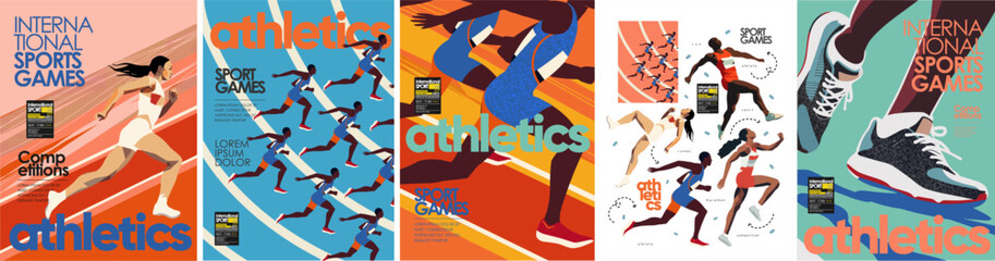 Athletics. International sports games. Vector illustration of runner, jogging, athlete, track, run, legs with sneakers, competition for poster, cover or background