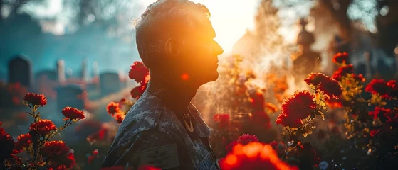 Foto op Plexiglas Tribute Among Blossoms: A Soldier's Reverent Farewell. Concept Documentary, Memorial, Military, Honor, Nature © Ян Заболотний